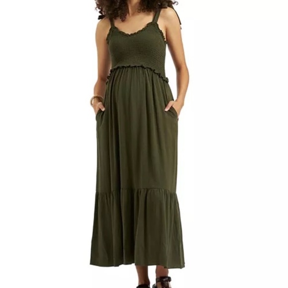 Ripe Brandi Shirred Maternity Dress in Khaki - size Medium - Picture 2 of 8
